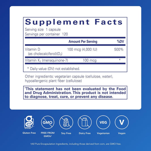 Pure Encapsulations Vitamin D3 & K2 | Bone and Vascular Health Support - 120 Capsules