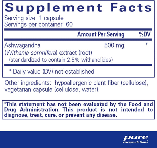 Pure Encapsulations Ashwagandha - 500 mg Ashwagandha Extract - 60 Capsules